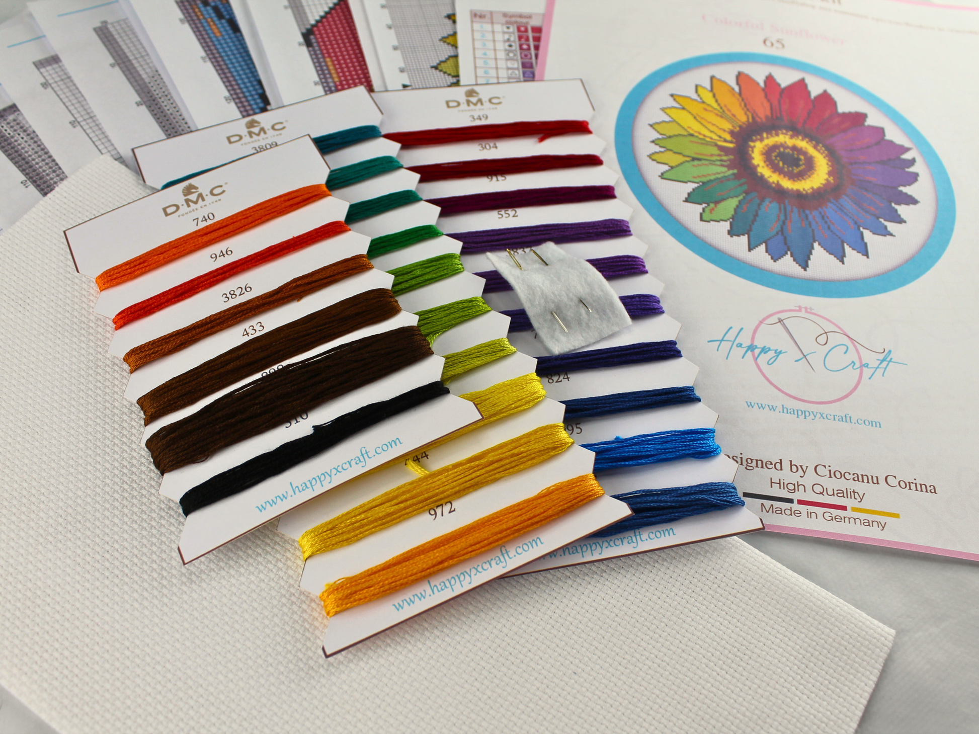 Sunflower embroidery kit with DMC floss and printed cross stitch chart