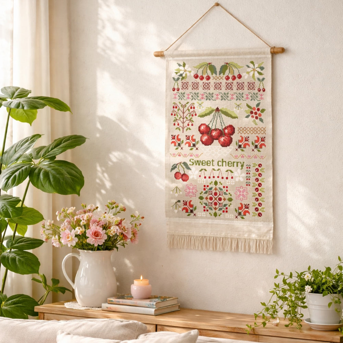 Sweet cherry cross stitch kit displayed as finished wall hanging with botanical fruit sampler embroidery design.