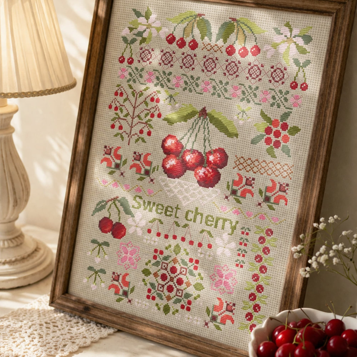 Sweet cherry cross stitch kit shown in wooden frame with detailed fruit sampler and botanical embroidery design.