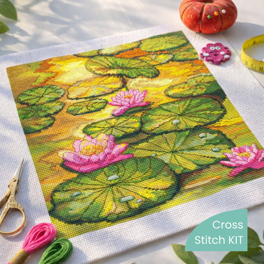 The Lake of Water Lilies counted cross stitch kit by Happy x Craft, premium embroidery set with lotus flowers and lily pads, artistic botanical needlework kit with DMC threads and detailed chart