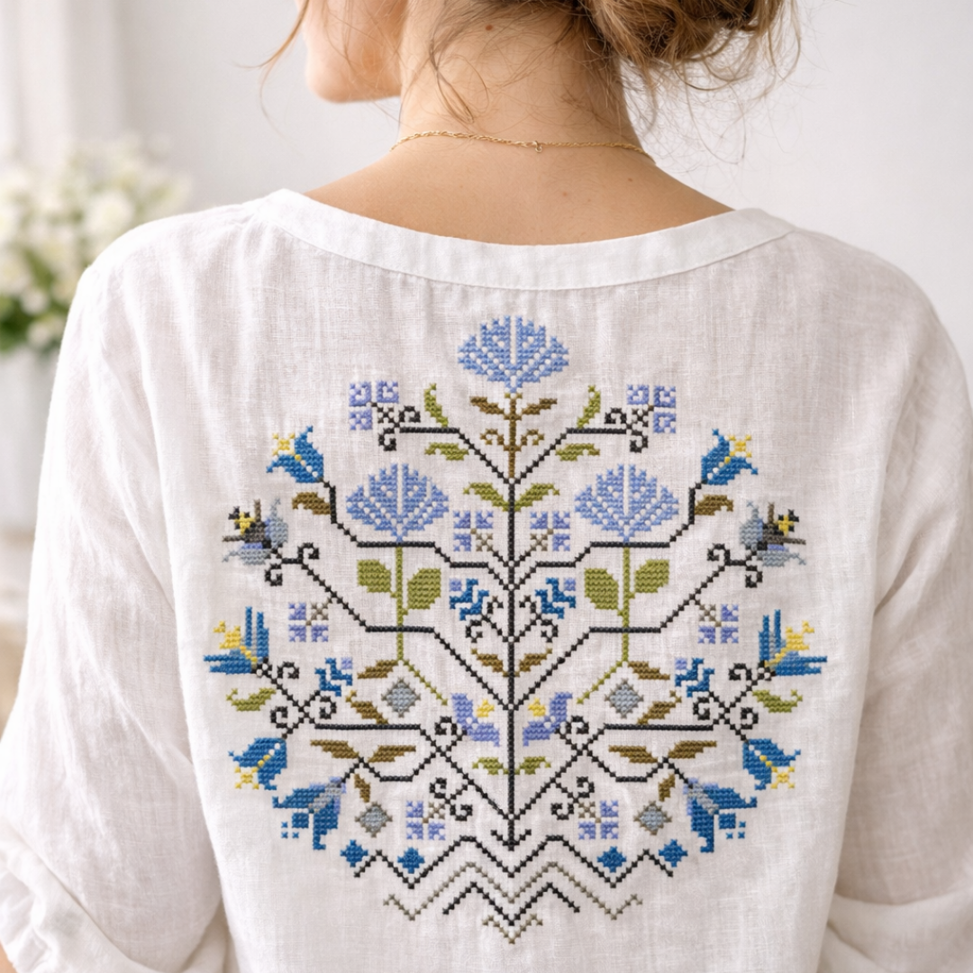 Traditional style linen blouse with blue folk cross stitch embroidery on the back, inspired by Eastern European folk motifs.