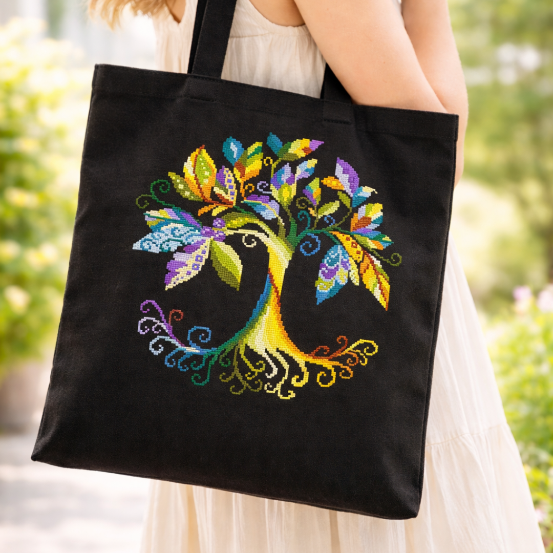 Tree of Life cross stitch embroidered black tote bag, handmade fabric shopping bag with colorful embroidered tree design