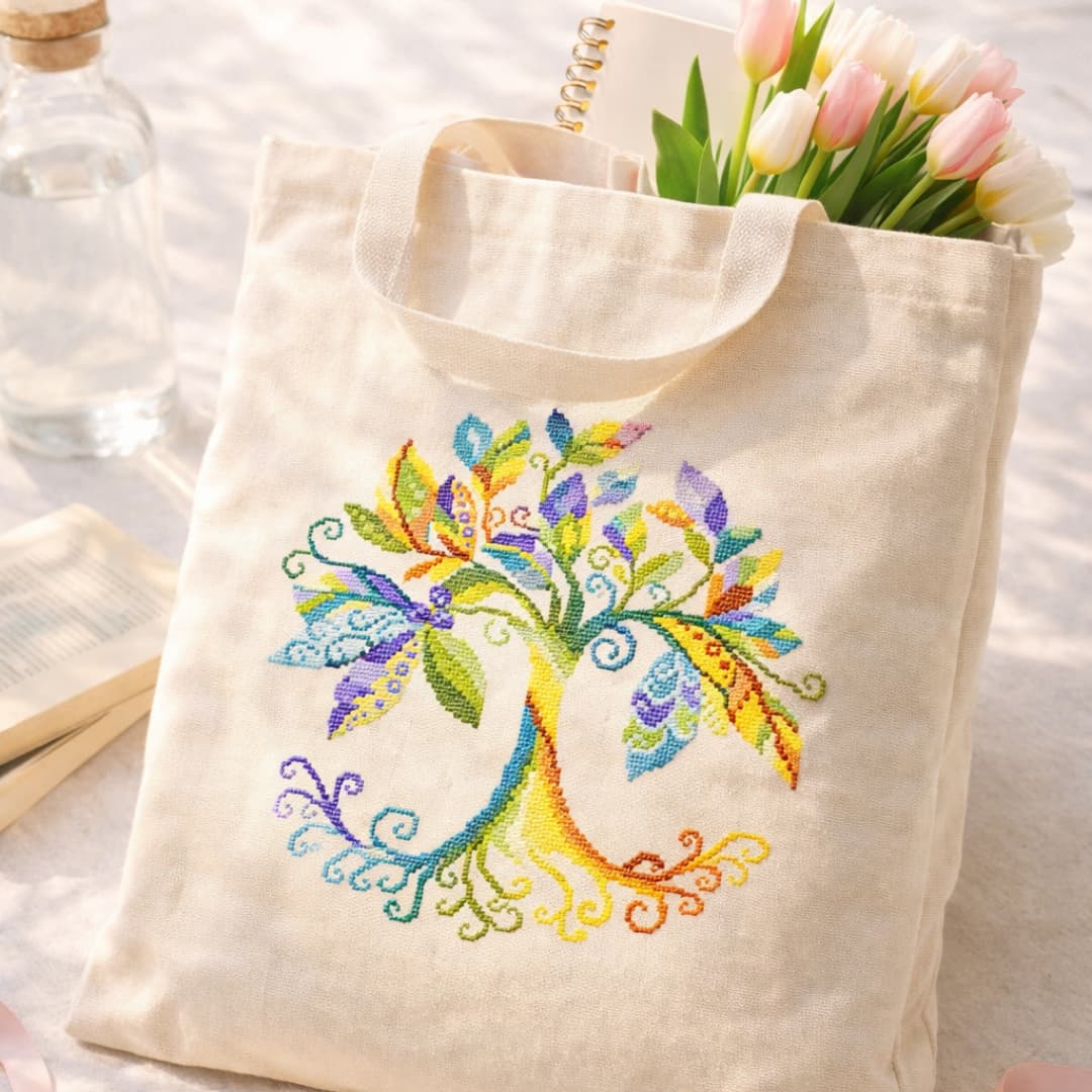 Tree of Life cross stitch embroidered cotton tote bag, handmade eco bag with colorful folk tree embroidery and spring flowers