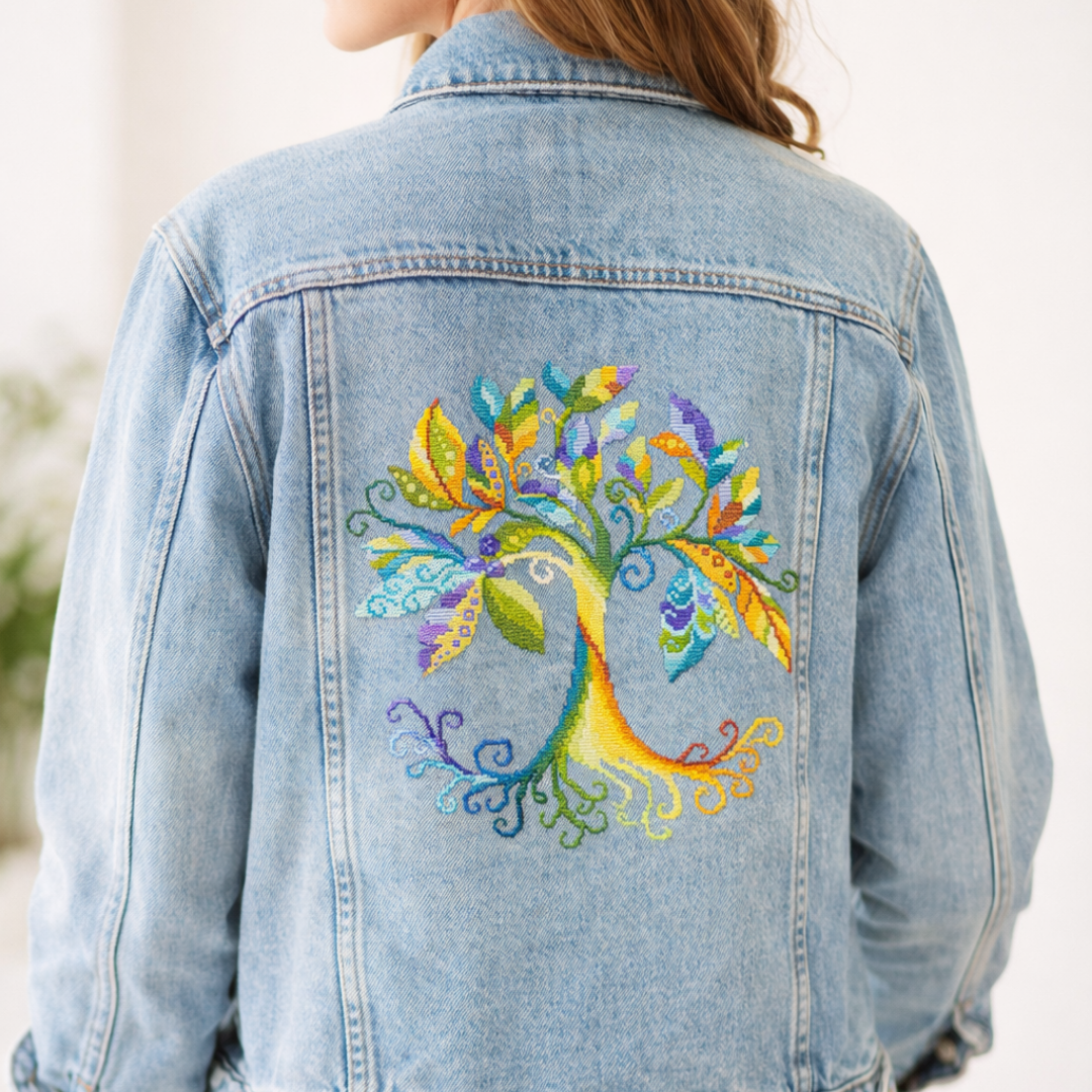 Tree of Life cross stitch embroidery on denim jacket back, handmade embroidered jacket with colorful boho folk tree pattern