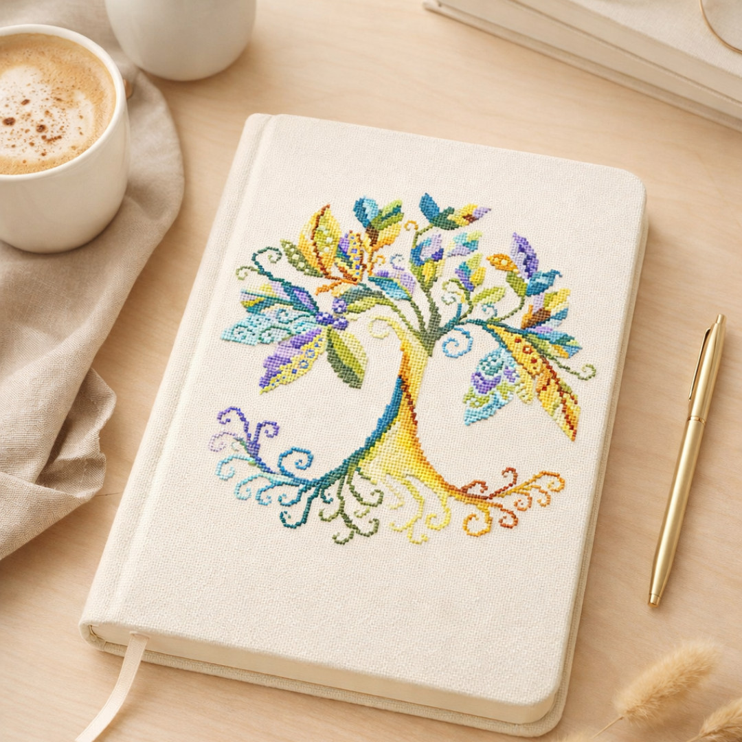 Tree of Life cross stitch embroidery on fabric notebook cover, handmade embroidered journal with colorful folk tree design