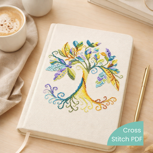 Tree of Life cross stitch embroidery on fabric notebook cover, handmade embroidered journal with colorful folk tree design