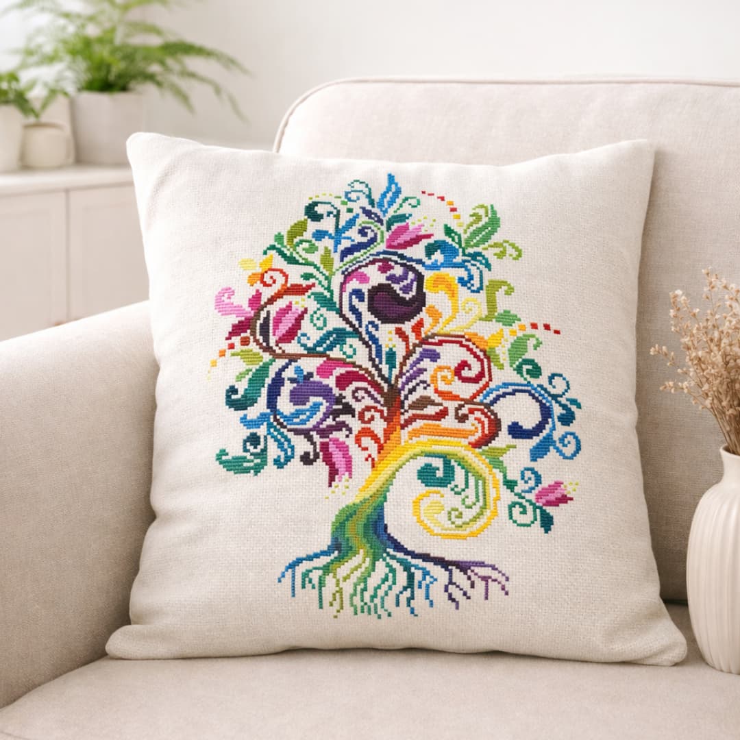 Tree of Life cross stitch pillow with colorful embroidery, handmade decorative cushion for modern home decor