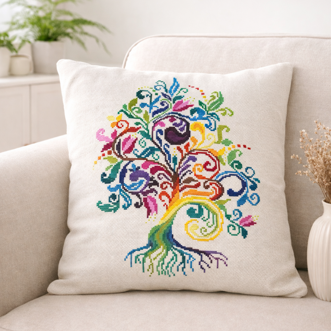 Tree of Life cross stitch pillow with colorful embroidery, handmade decorative cushion for modern home decor