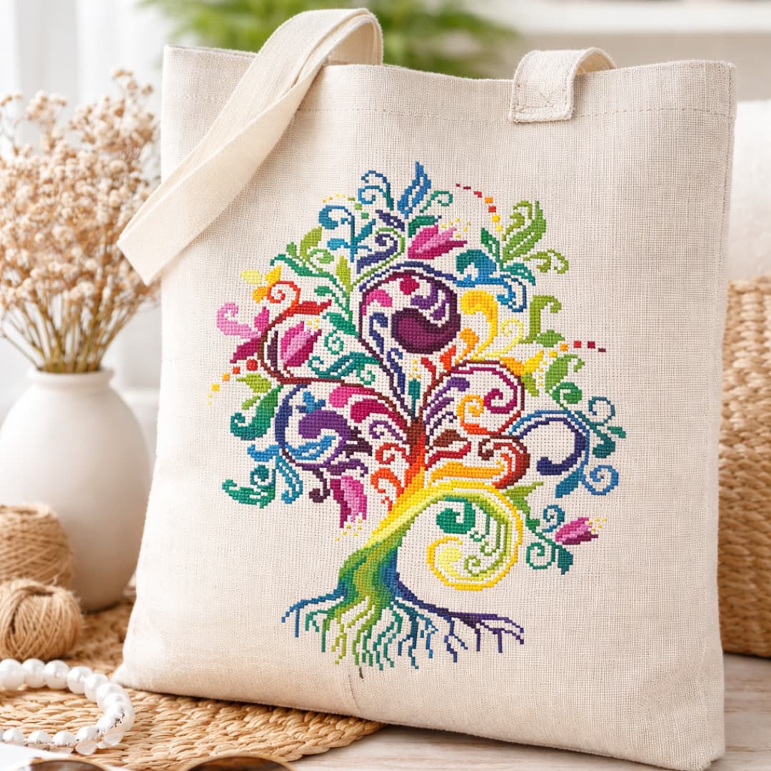Tree of Life cross stitch tote bag with colorful embroidery, handmade fabric bag with folk art design