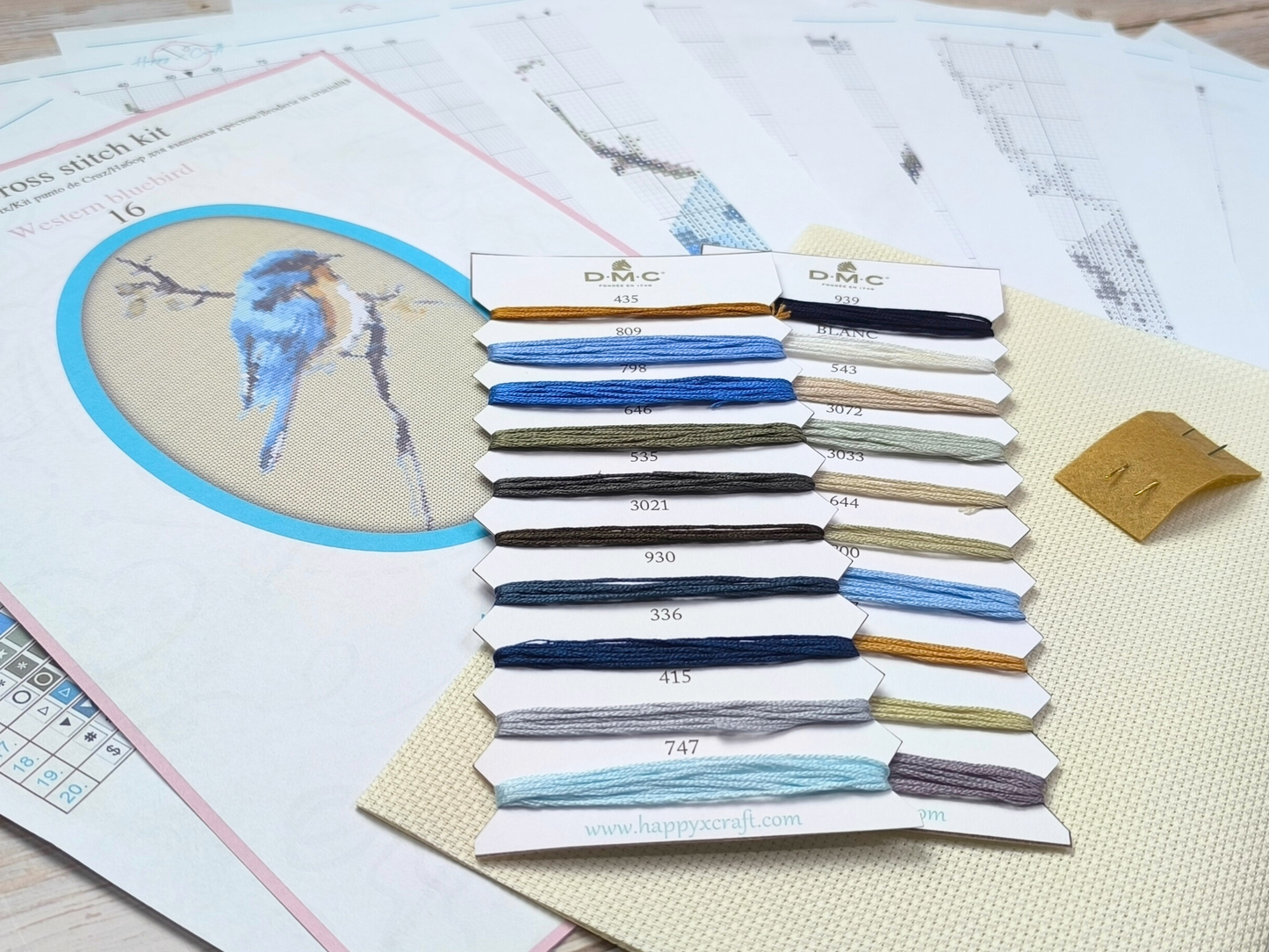 Cross Stitch Kit Western Blue Bird – Complete Embroidery Set with DMC Threads & Pattern | Nature Bird Needlework Kit