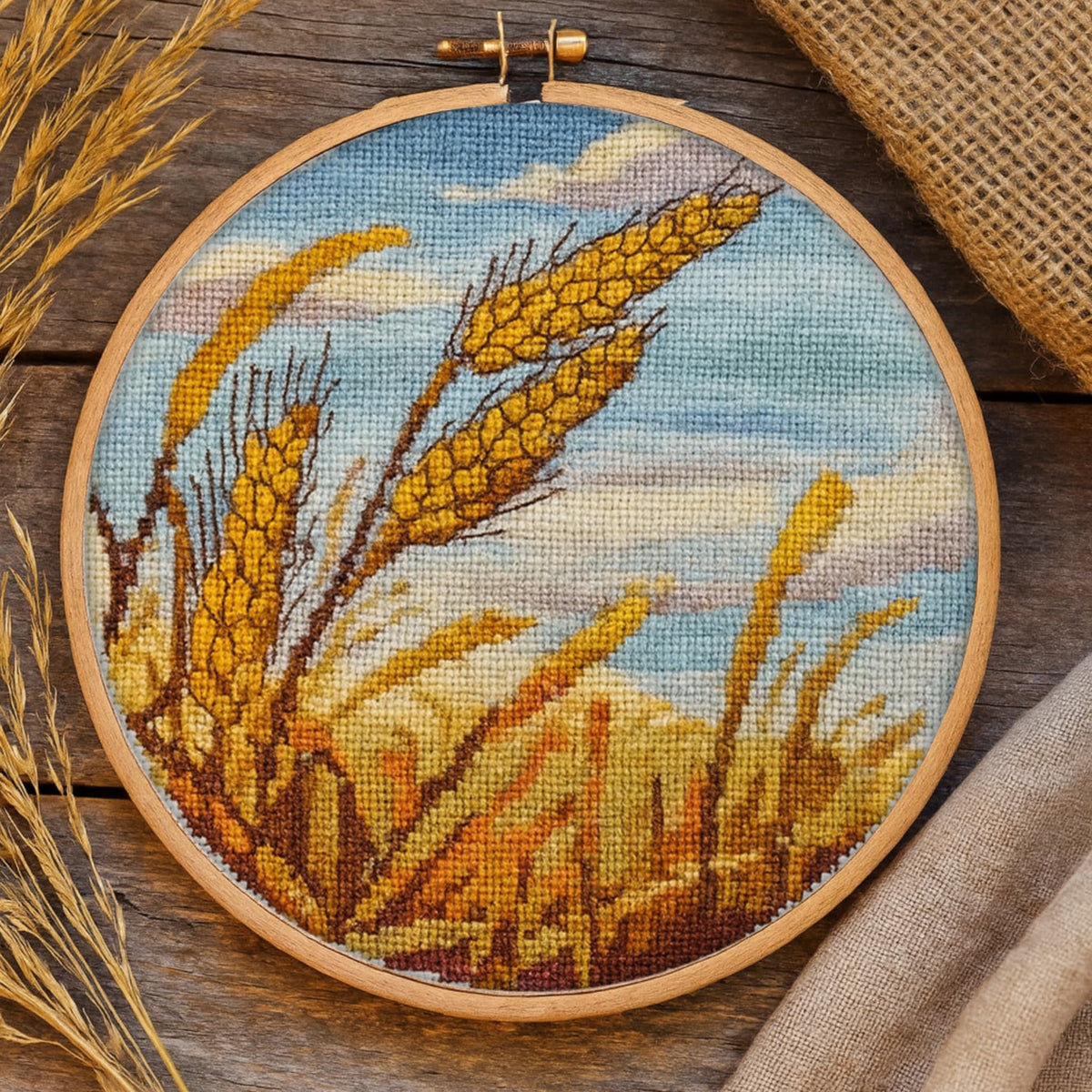 Wheat Field Cross Stitch Pattern in a hoop