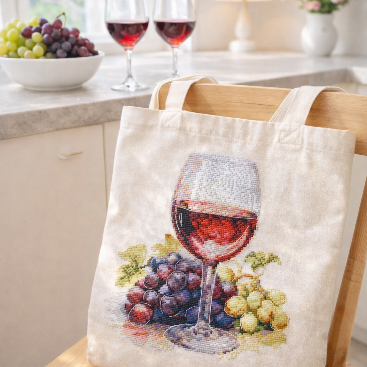 Wine glass and grapes cross stitch kit displayed on canvas tote bag, realistic wine still life DIY embroidery project