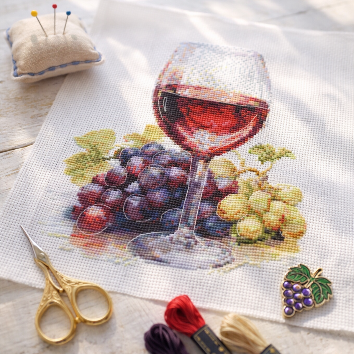 Wine glass and grapes cross stitch kit project stitched on white Aida fabric with embroidery threads and scissors