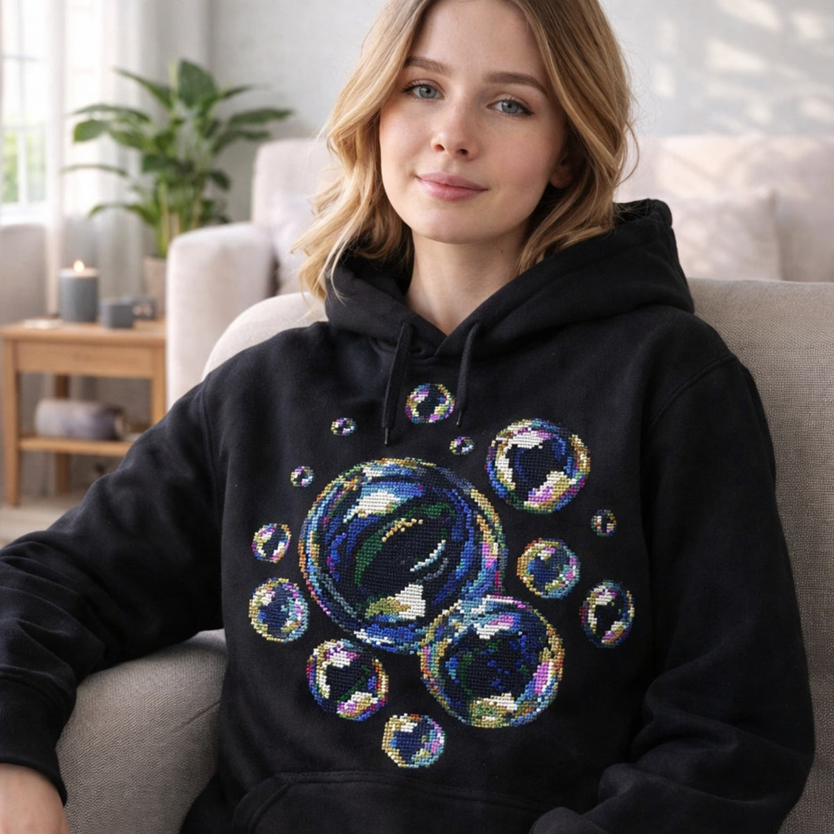 Woman wearing hoodie with soap bubbles cross stitch pattern, modern colorful bubble embroidery design, contemporary cross stitch PDF