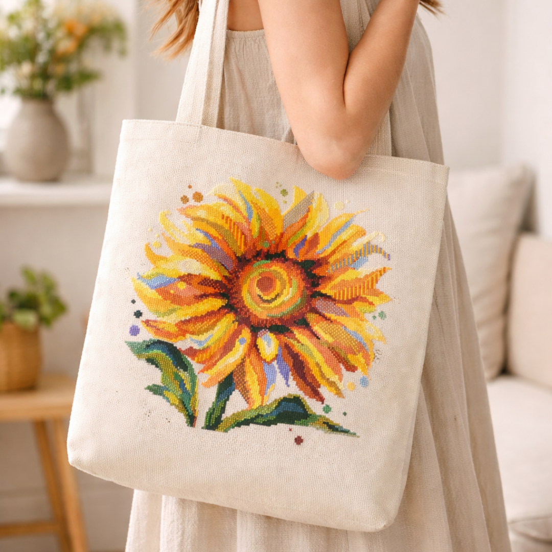 Cross stitch sunflower pattern stitched on a natural linen tote bag, modern floral embroidery design PDF