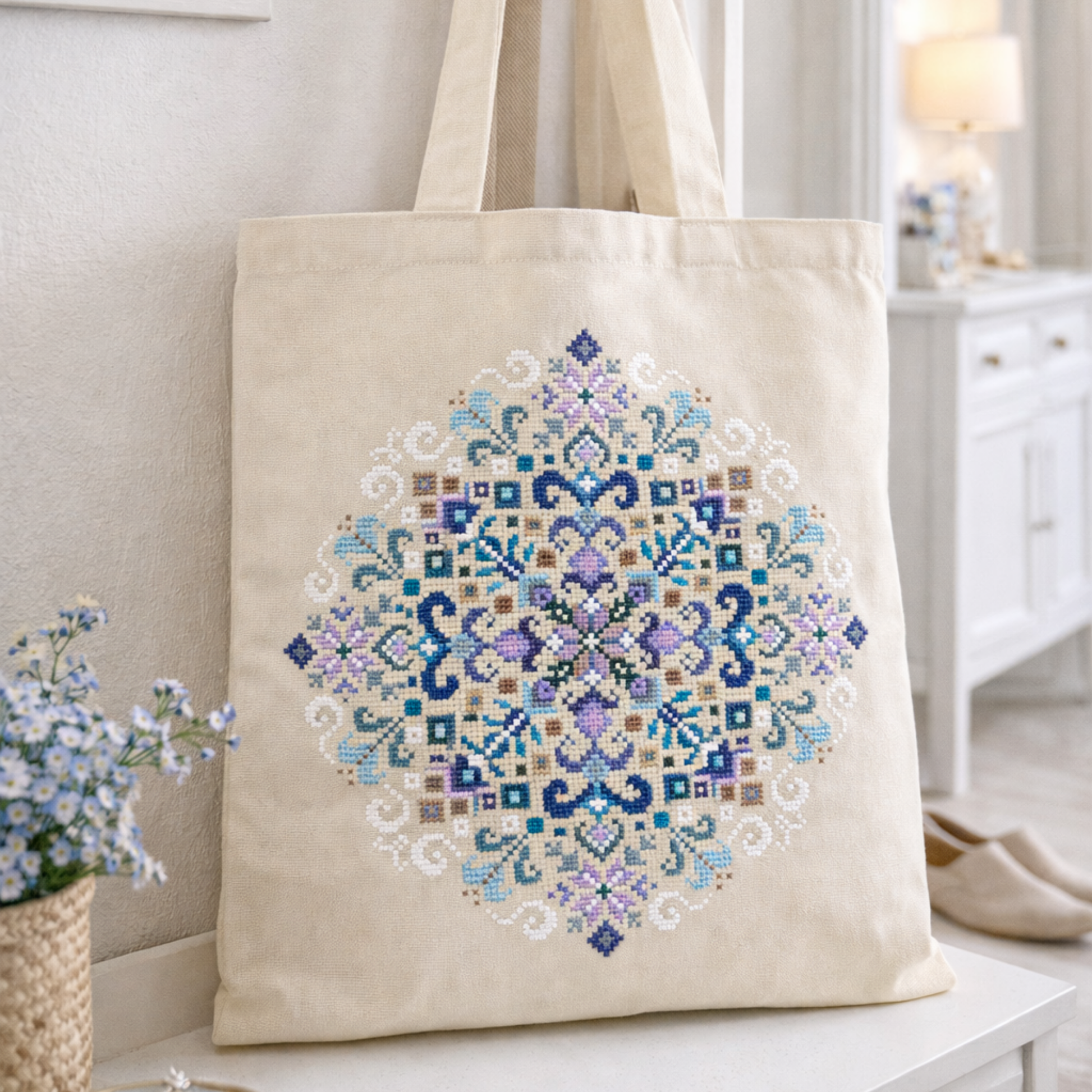 Reusable linen tote bag featuring a detailed blue and white geometric cross stitch mandala inspired by folk embroidery