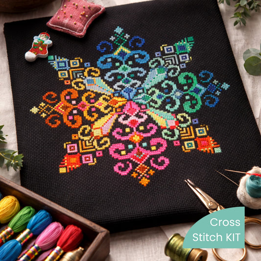 folk art snowflake cross stitch kit, colorful geometric folk embroidery design inspired by Eastern European heritage, DIY embroidery kit with threads and stitching tools