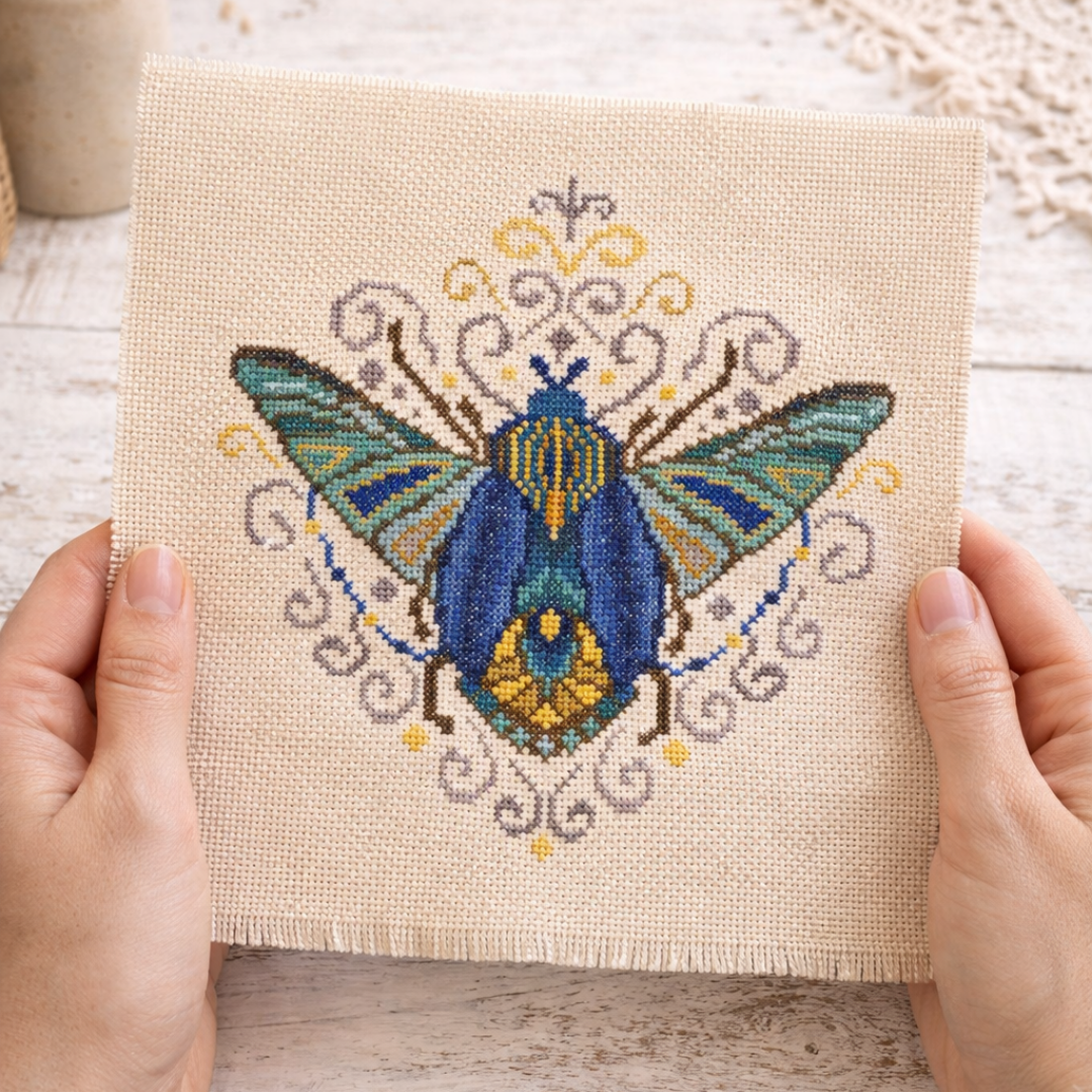 Green bug cross stitch needlework