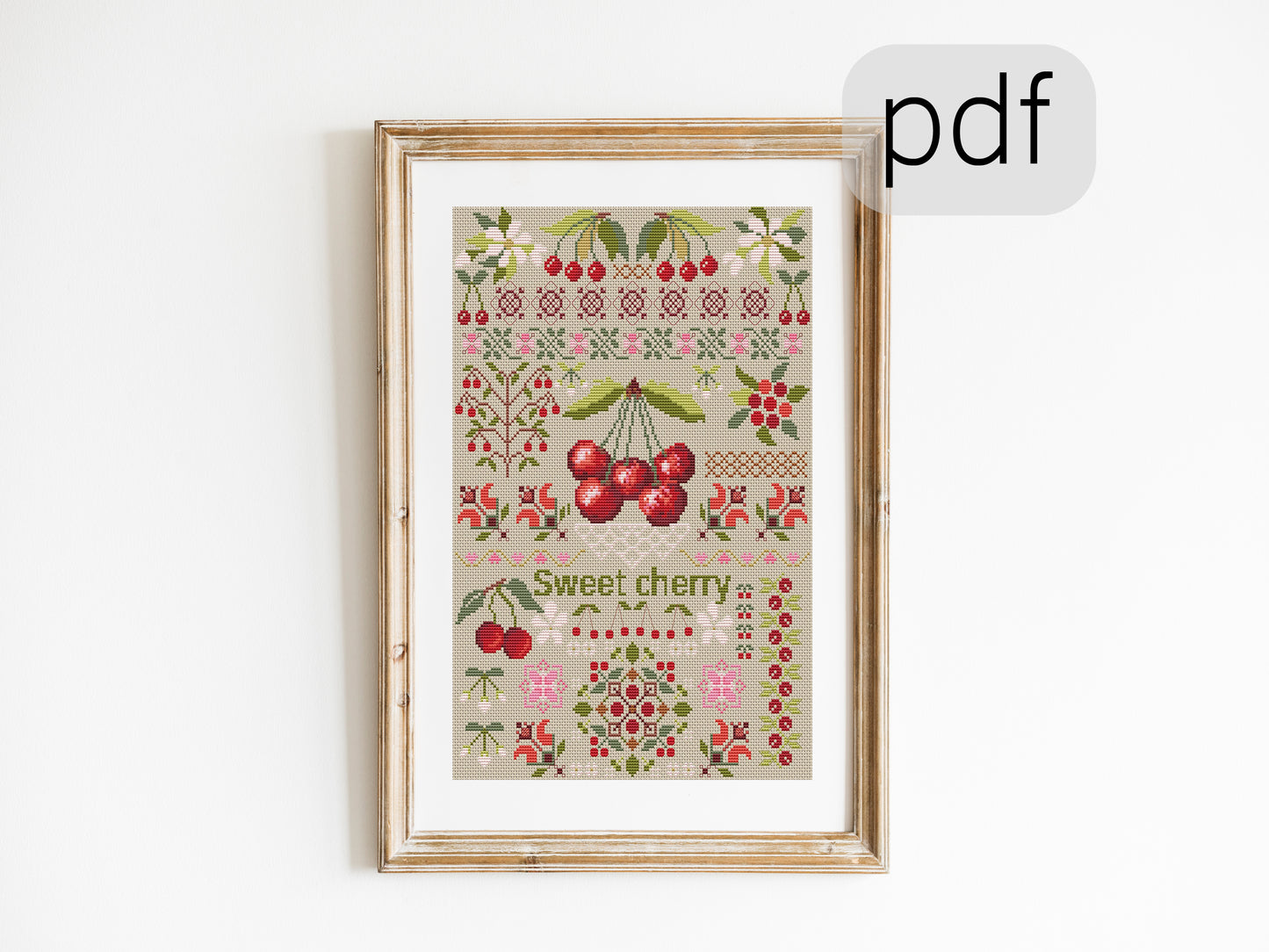 Sweet cherry cross stitch pattern PDF. Modern Counted cross stitch Fruits Sampler