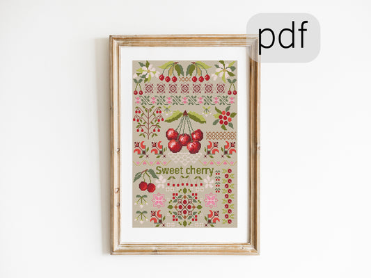 Sweet cherry cross stitch pattern PDF. Modern Counted cross stitch Fruits Sampler