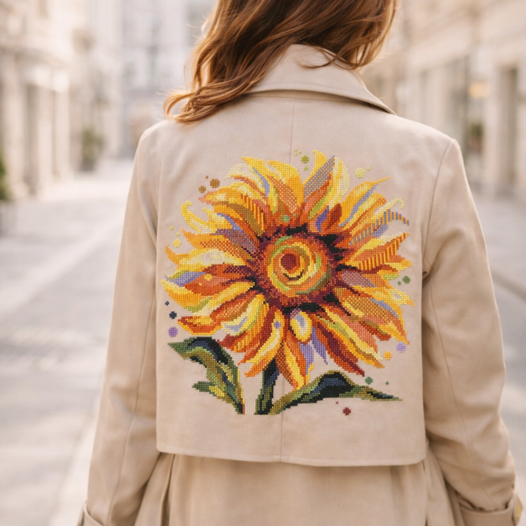 Sunflower cross stitch embroidery pattern stitched on the back of a beige trench coat, wearable art design