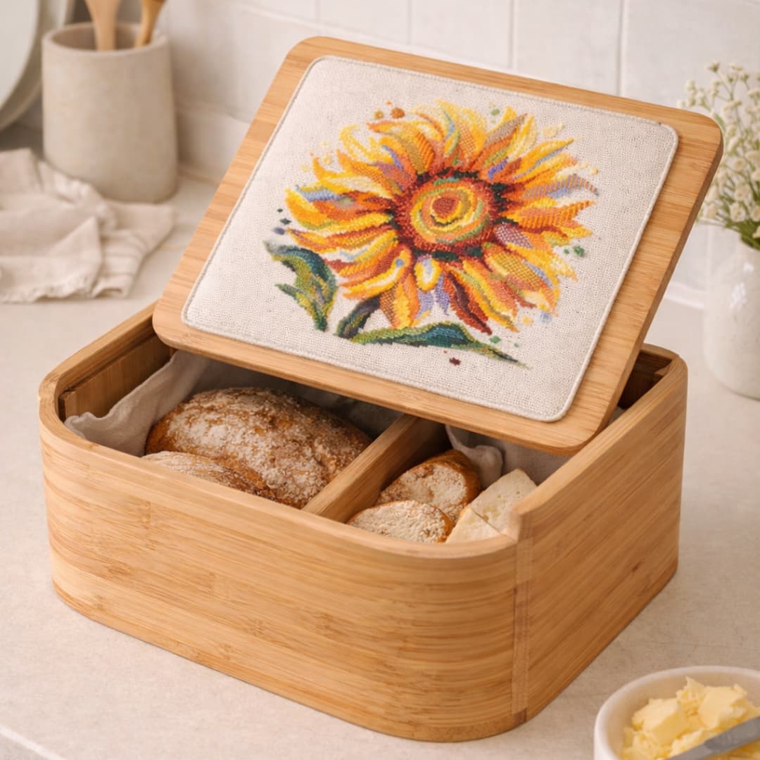 Cross stitch sunflower embroidery pattern displayed on a wooden bread box lid in a minimalist kitchen