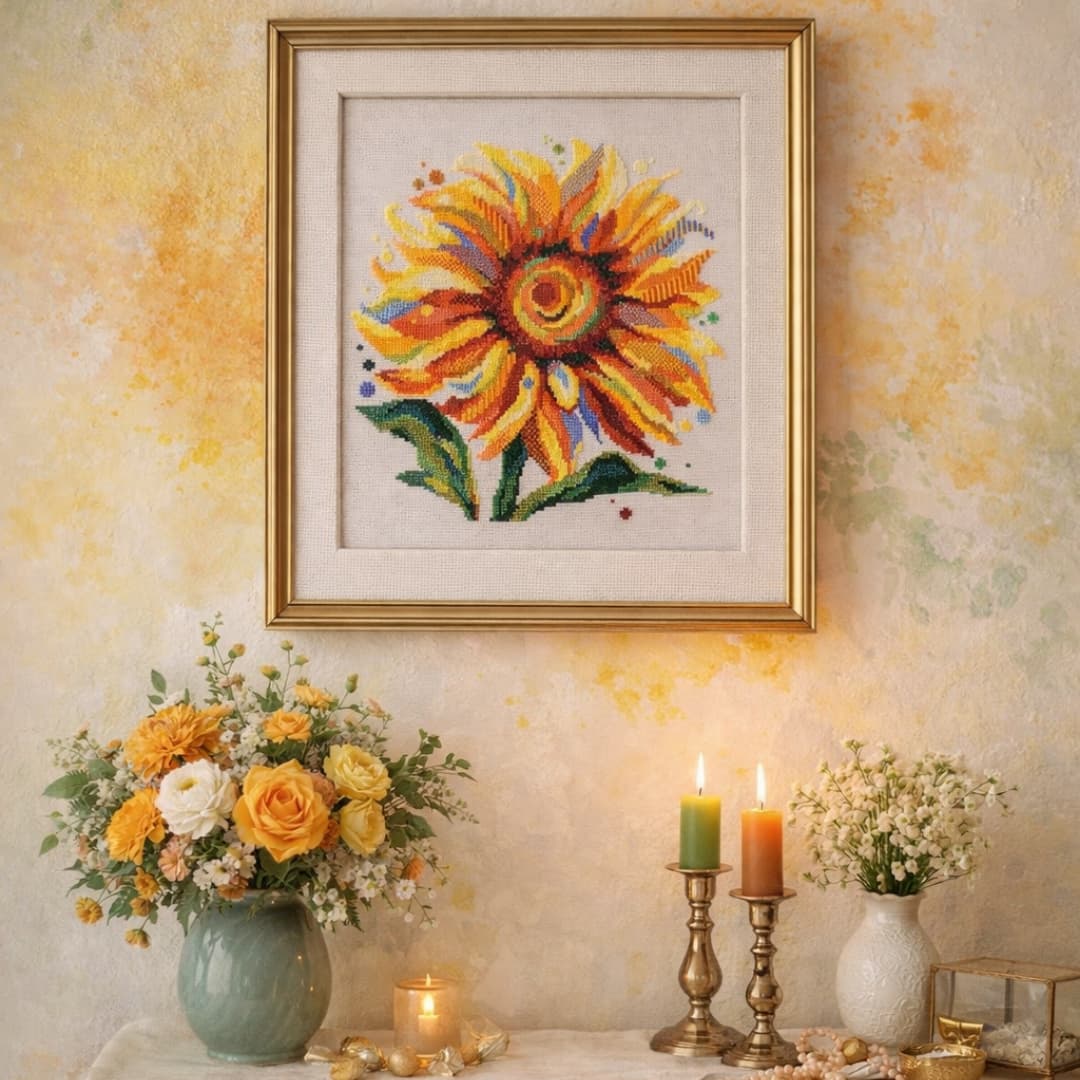 Framed sunflower cross stitch pattern wall art in classic interior, modern floral embroidery PDF