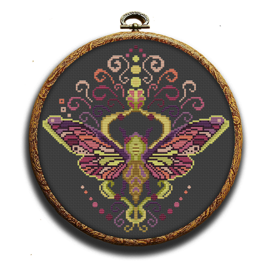 Colorful purple moth cross-stitch pattern by Happy x craft