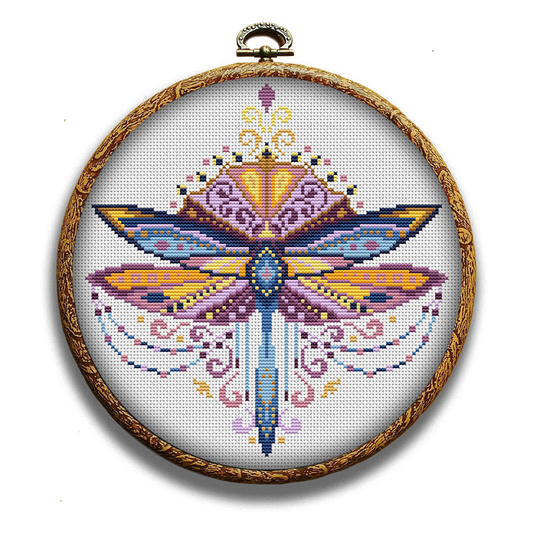 Colorful purple dragonfly cross-stitch pattern by Happy x craft