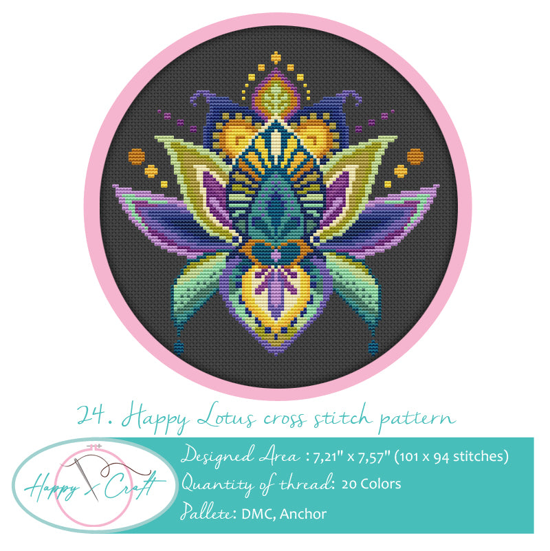 Happy Lotus Flower Cross Stitch Pattern PDF Download