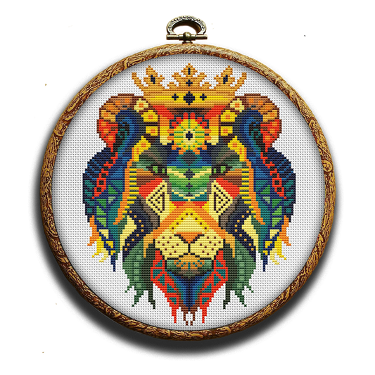 Colorful lion king portrait cross-stitch pattern by Happy x craft