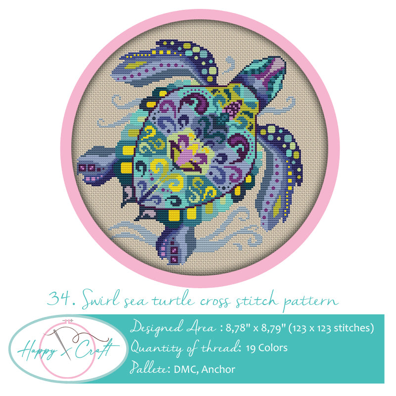 Swirl Sea Turtle Counted Cross Stitch Kit Set