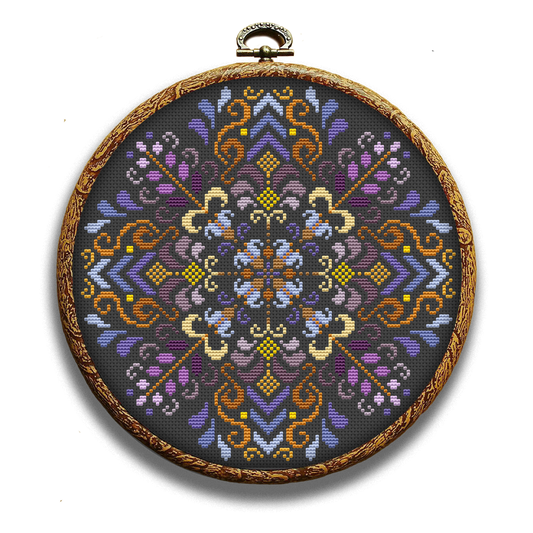 Purple folk composition cross-stitch pattern by Happy x craft