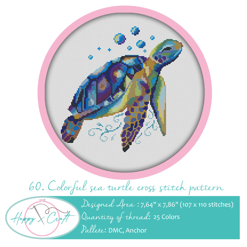 Folk Art Sea Turtle Counted Cross Stitch Pattern PDF