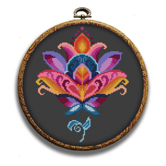 Colorful folk lotus cross-stitch pattern by Happy x craft