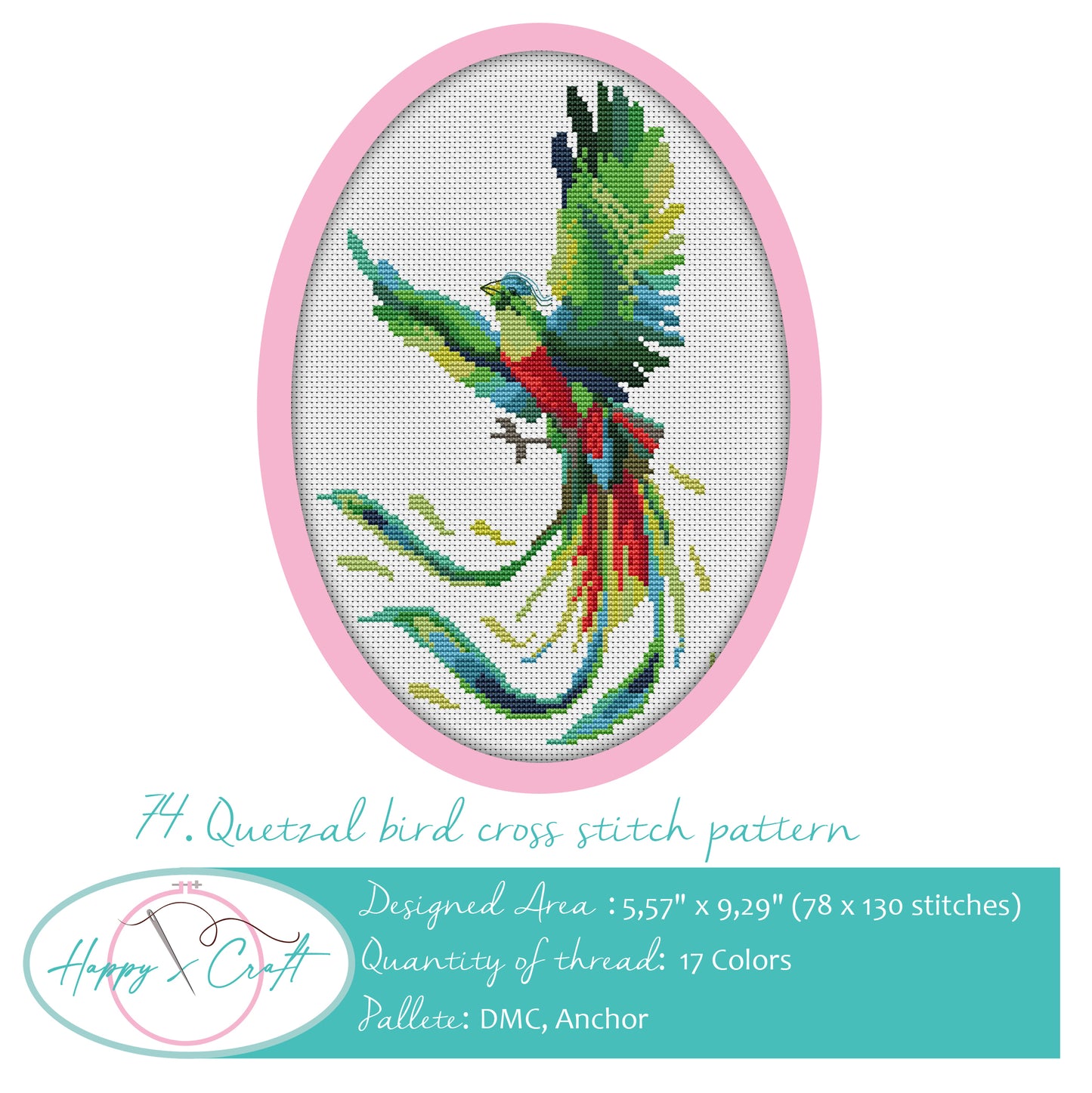 Quetzal-Vogel Guatemala-Kreuzstichmuster von Happy x craft. Kreuzstichmuster mit Vogelzahl
