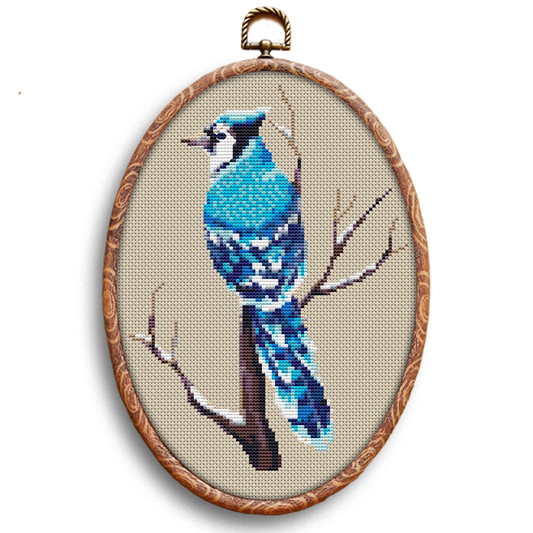 Blue Jay bird cross-stitch pattern by Happy x craft