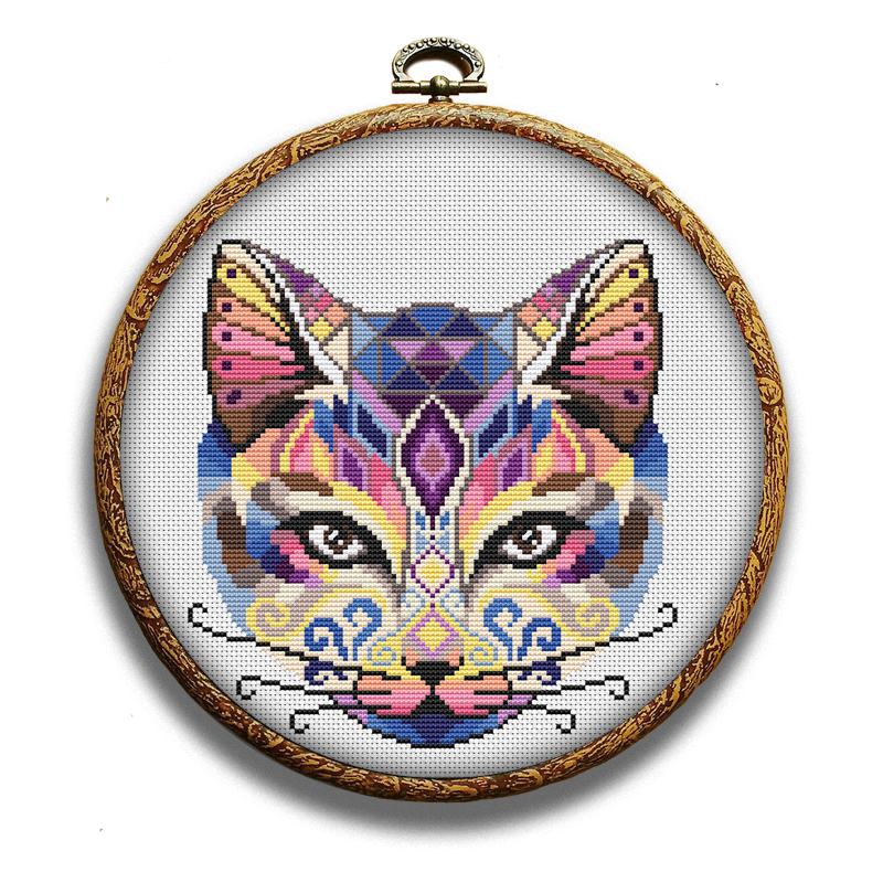 Colorful swirl cat cross-stitch pattern by Happy x craft