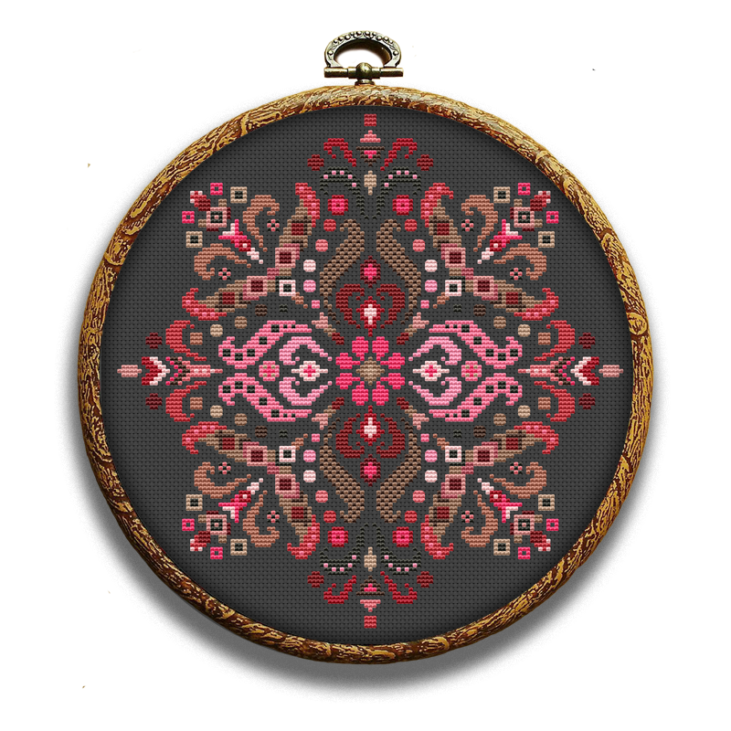 Pink folk ornaments cross-stitch kit by Happy x craft