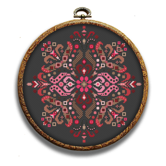 Pink folk ornaments cross-stitch kit by Happy x craft
