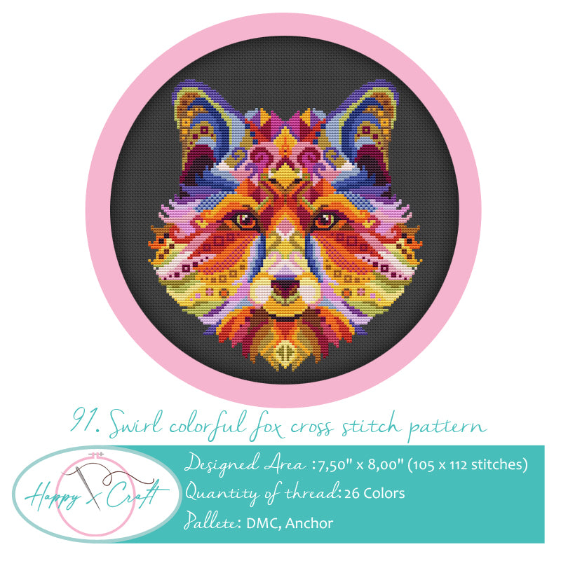 Swirl colorful Fox Cross Stitch Pattern PDF Download