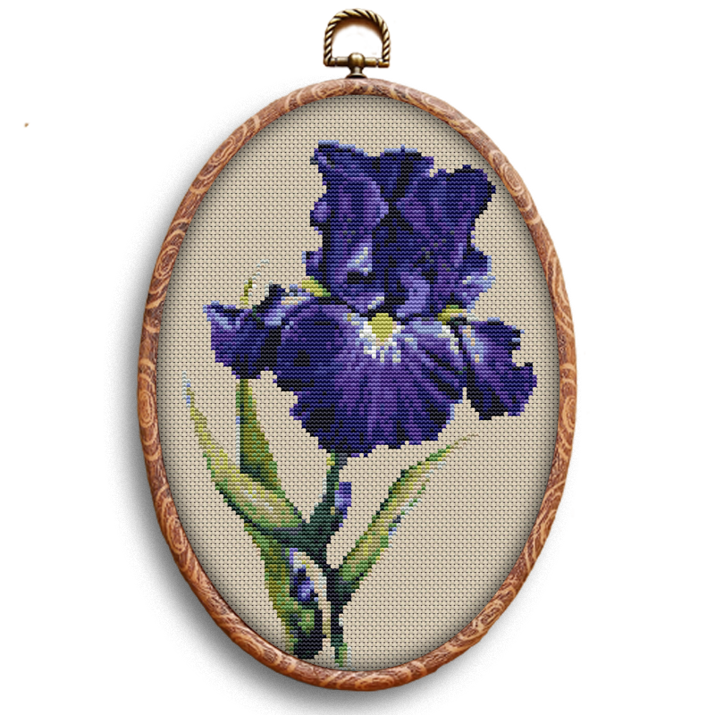 Purple blue iris cross-stitch pattern in embroidery hoop